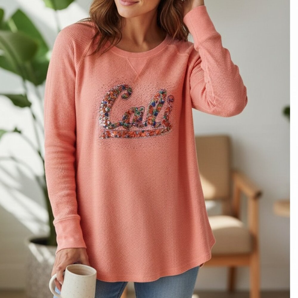 Thermal Sequin-"Cali" Waffle Knit Raglan Tee Top L Neon Orange 226G